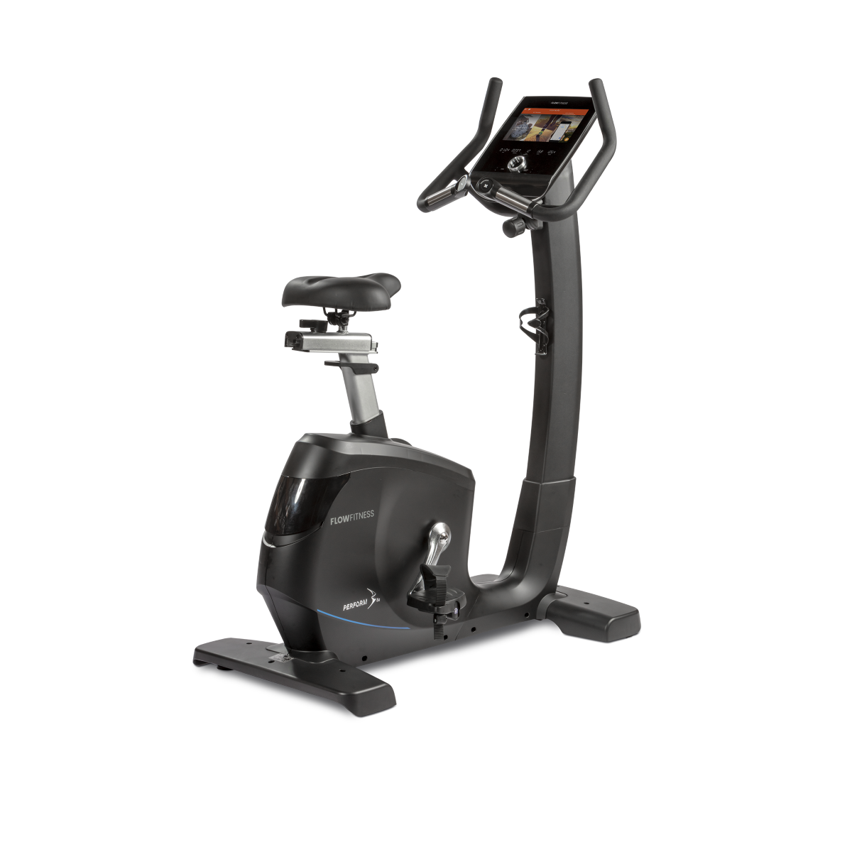 Flow Fitness B5s Smart Bike with touchscreen console. Side angle view of light commercial upright exercise bike with interactive features