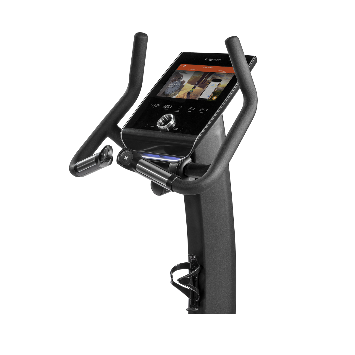 Side angle view of Flow Fitness B5s Touchscreen console and the quick access resistance controls on the handlebars