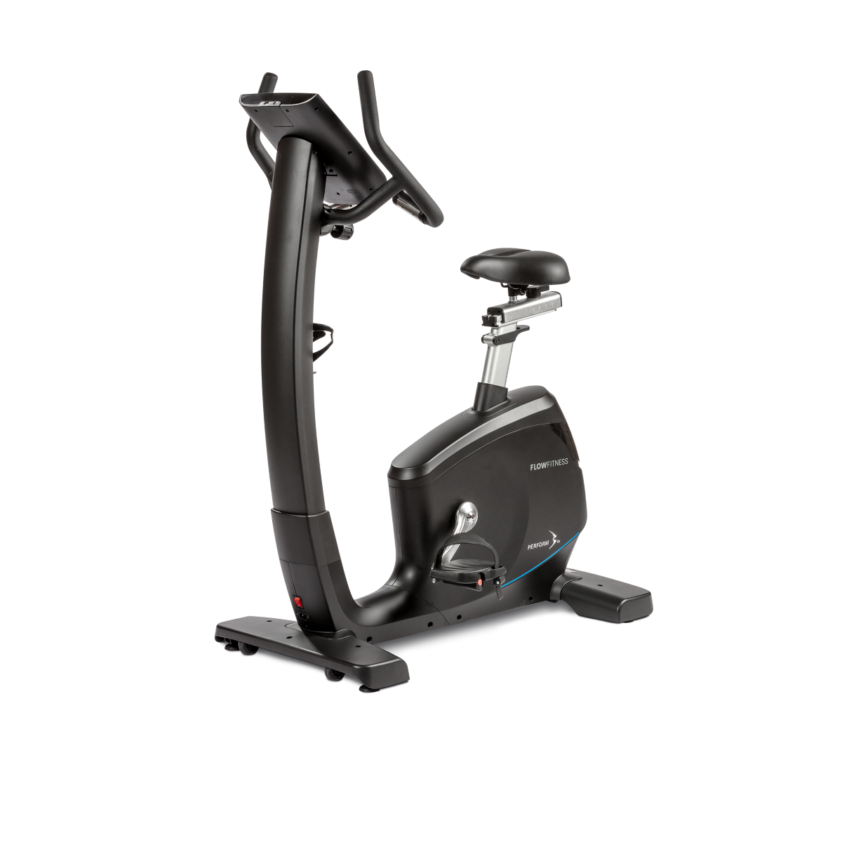 Flow Fitness B5s Smart Bike with touchscreen console. Side angle view of light commercial upright exercise bike with interactive features
