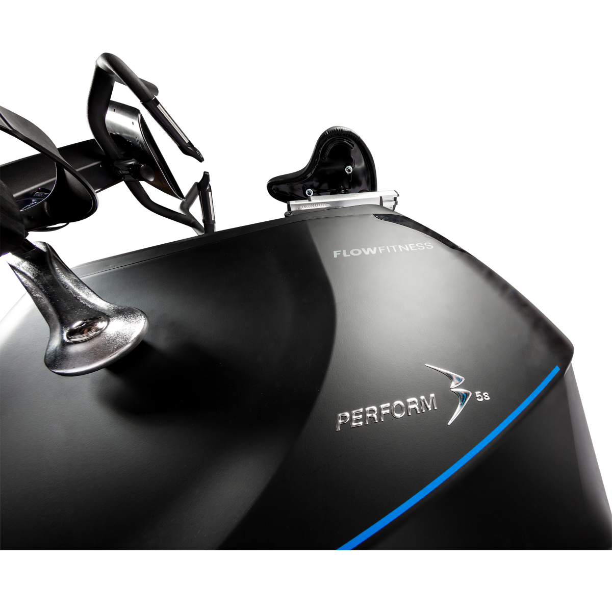 Angle shot showing the Perform B5s branding, the underneath of the adjustable saddle, the handlebars with heart rate sensors and the commercial quality pedal shaft. The Flow Fitness B5s exercise bike is a premium light commercial model. 