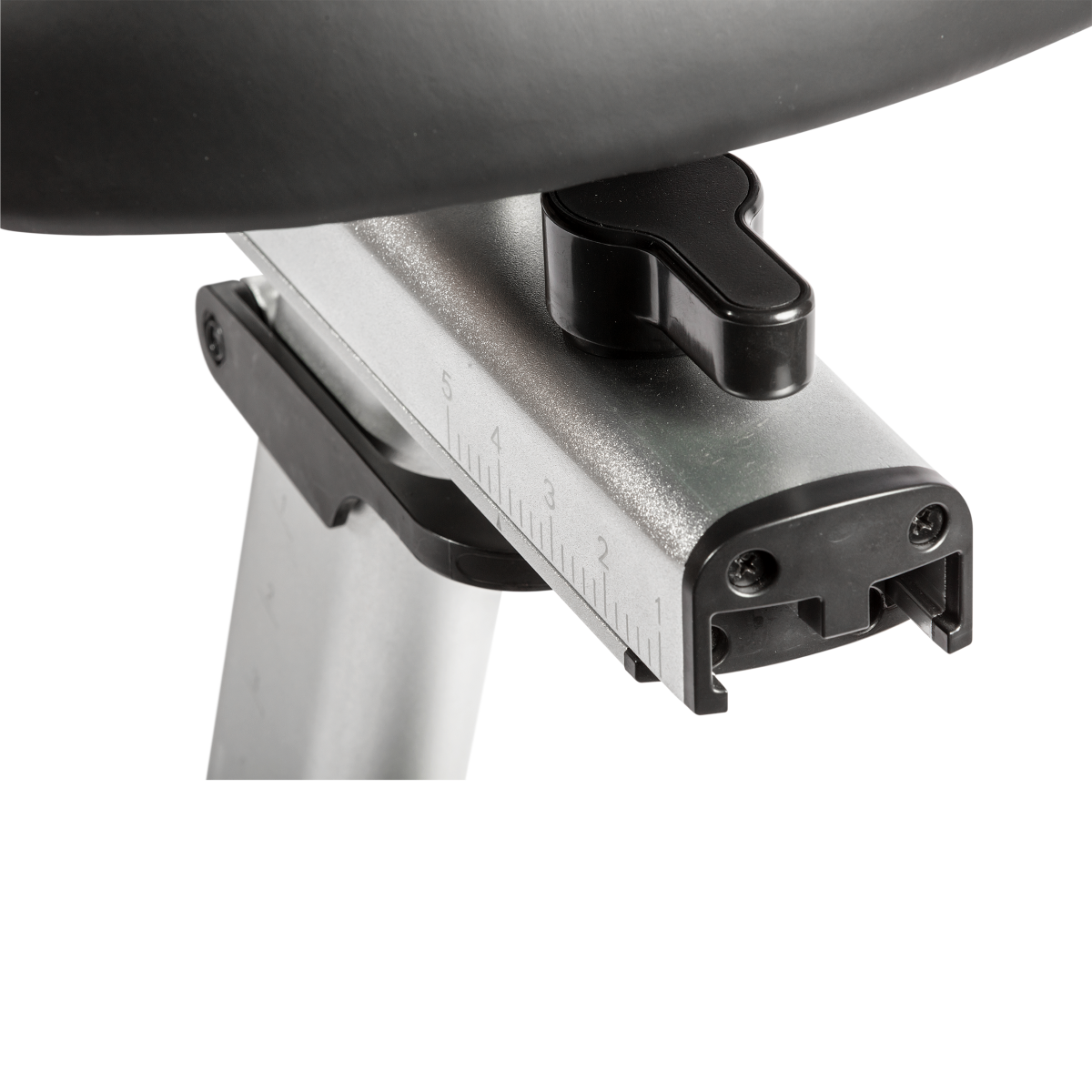 Close of the Flow Fitness B5s adjustable saddle measurement settings and lever to control positioning for the ultimate riding positon.