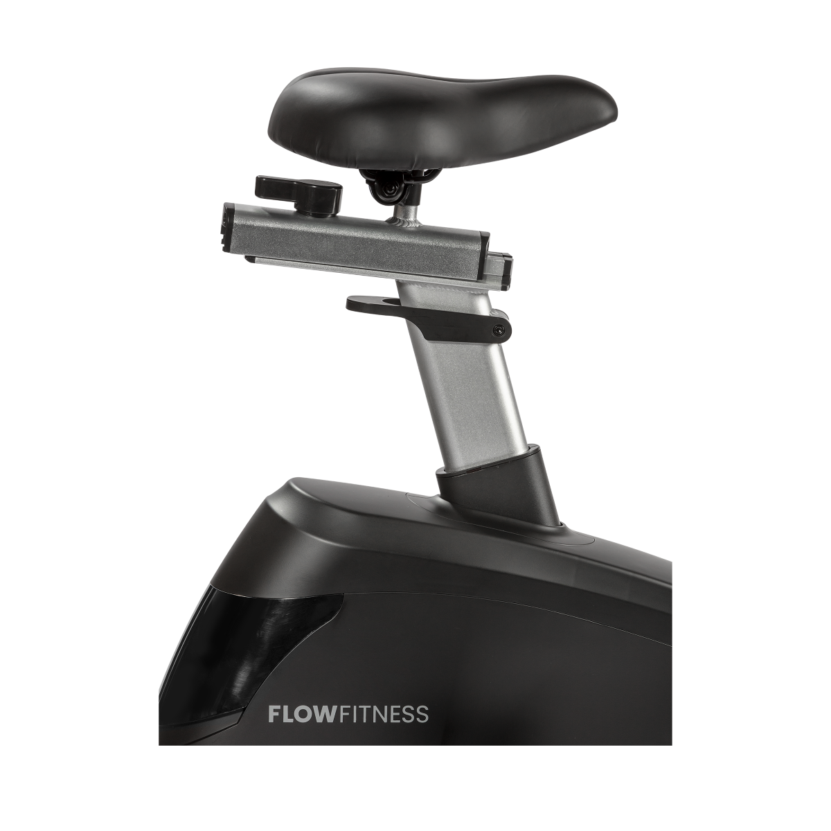 Close of the Flow Fitness B5s adjustable saddle which can be moved up and down as well as forwards and backwards to obtain the perfect position. 