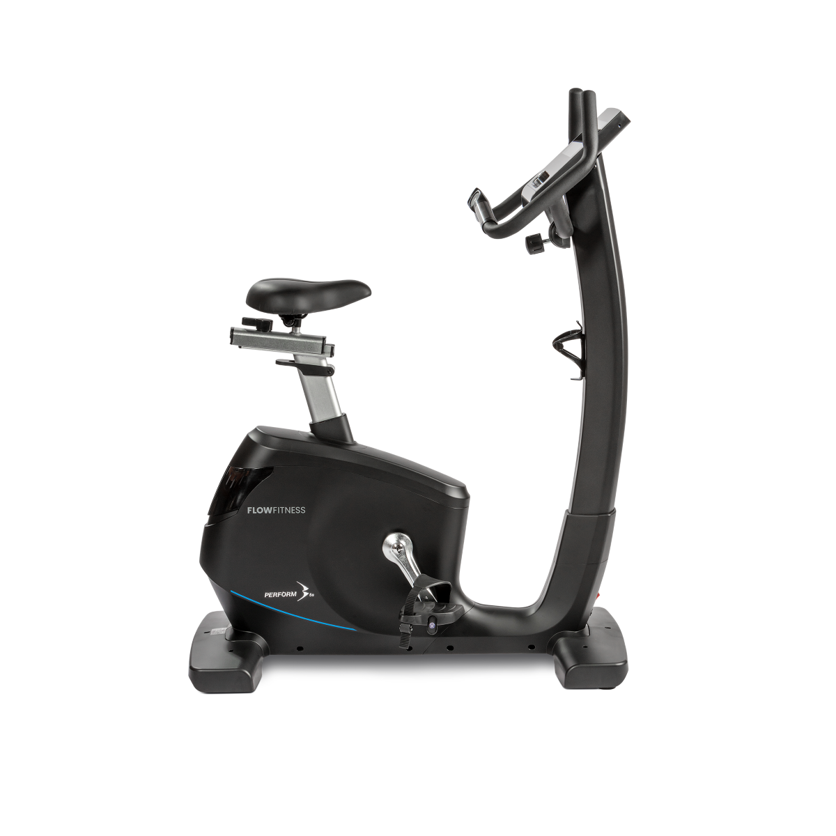 Side view of the Flow Fitness B5s Exercise Bike. This view shows the low entry , easy step through design which makes getting on the bike easier for users especially for those with mobility issues.